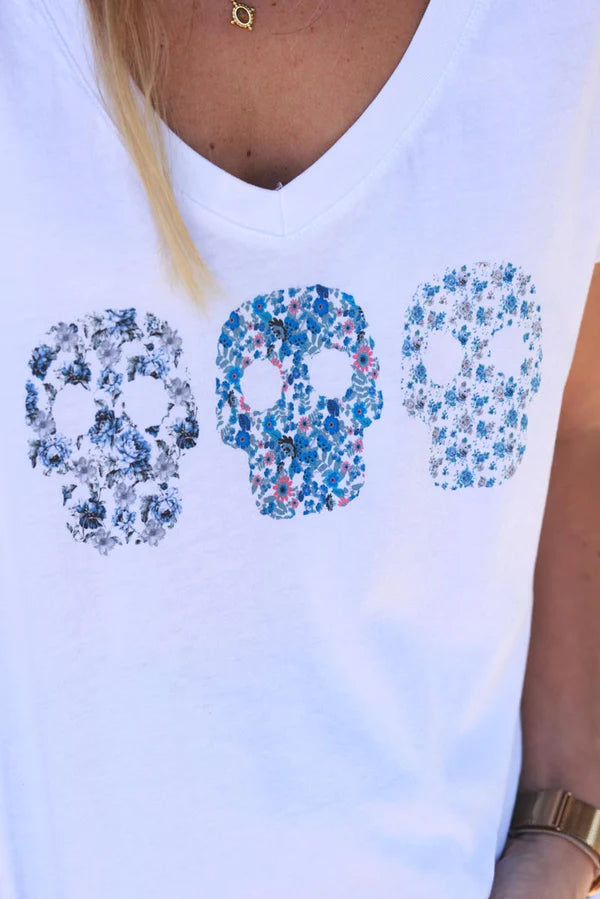 Blue Floral Skulls V-Neck Tee
