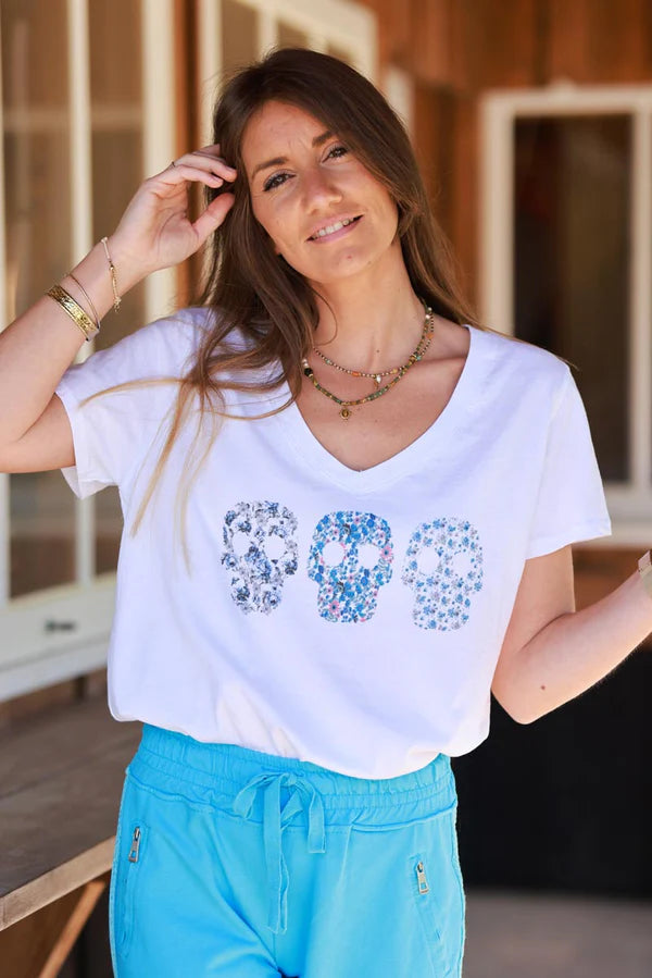 Blue Floral Skulls V-Neck Tee