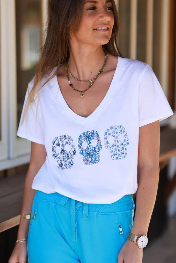 Blue Floral Skulls V-Neck Tee