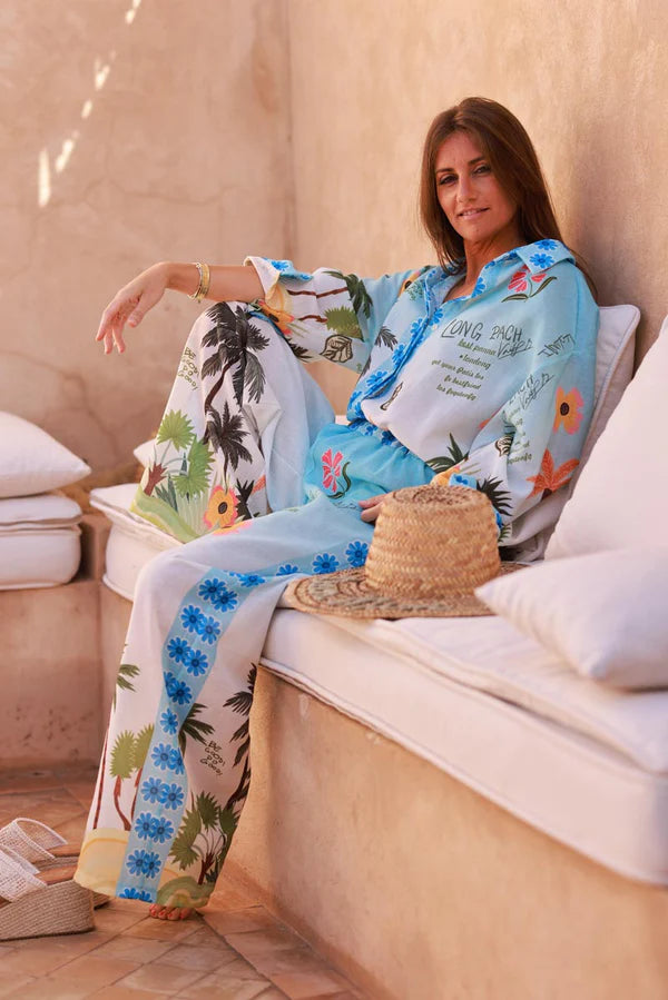 Blue Floral Tropical Escape Print Blouse