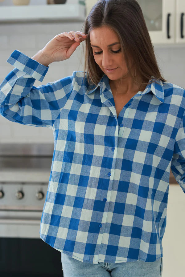 Blue Gingham Cotton Button-Down Shirt