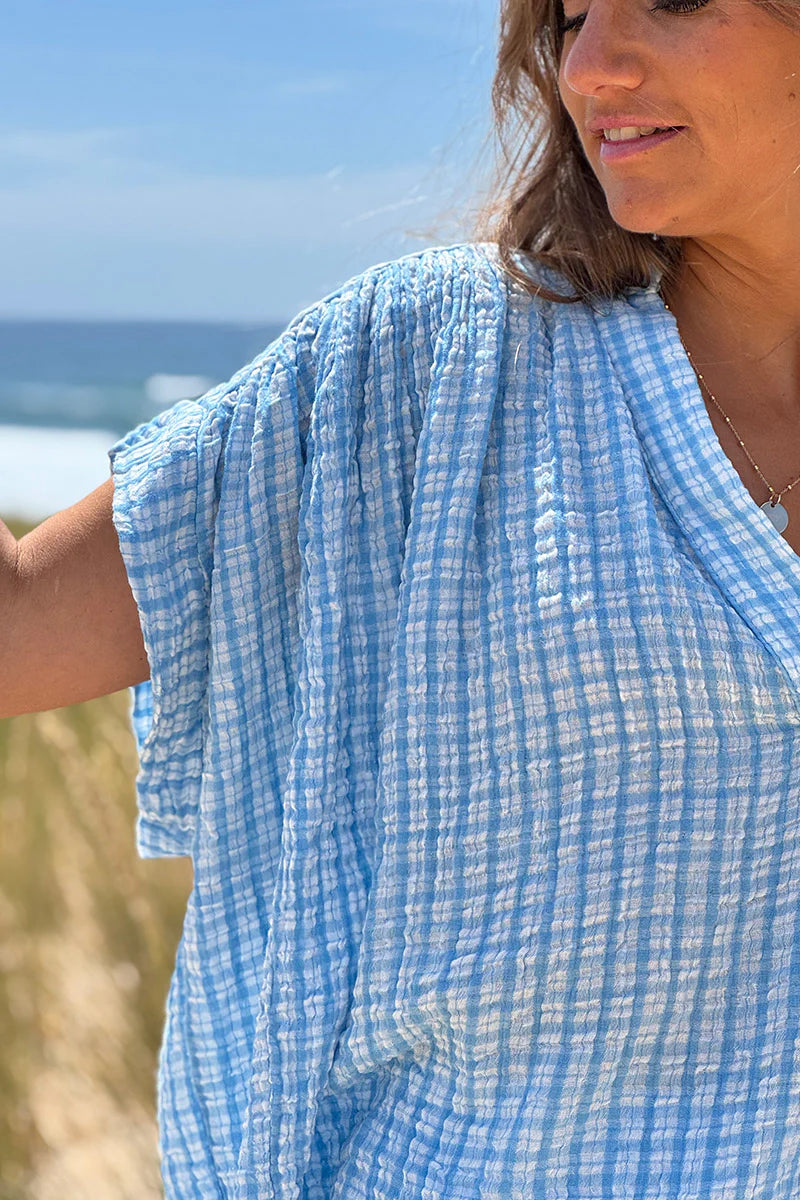 Blue Gingham V-Neck Blouse