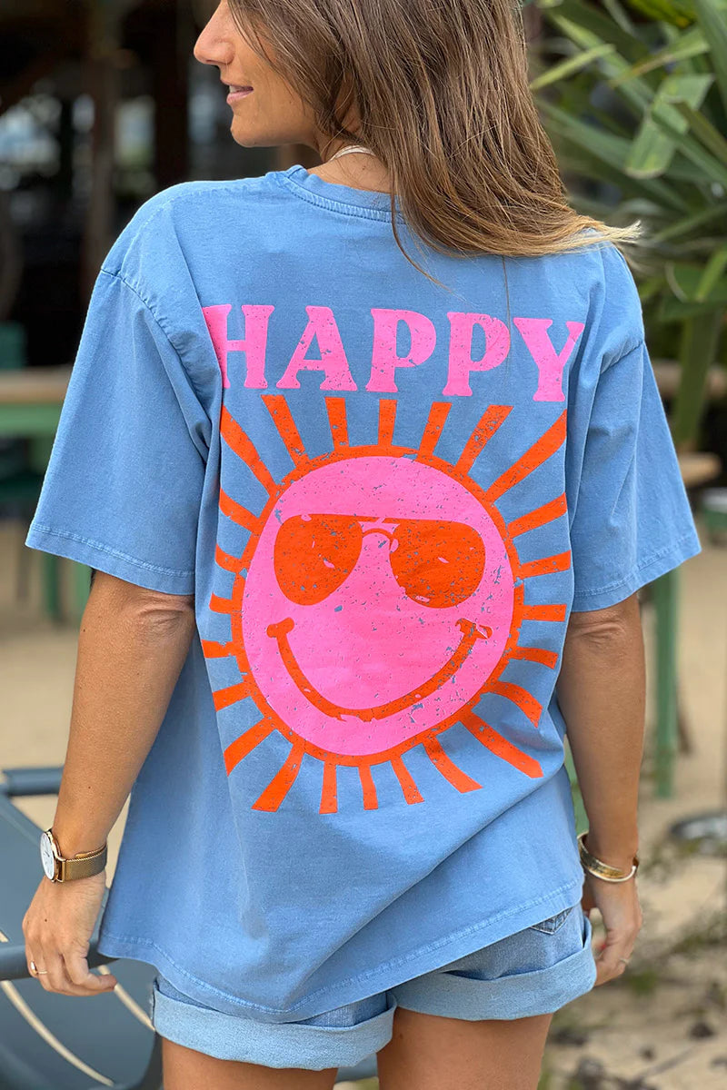 Blue Happy Sun Screen Print Tee