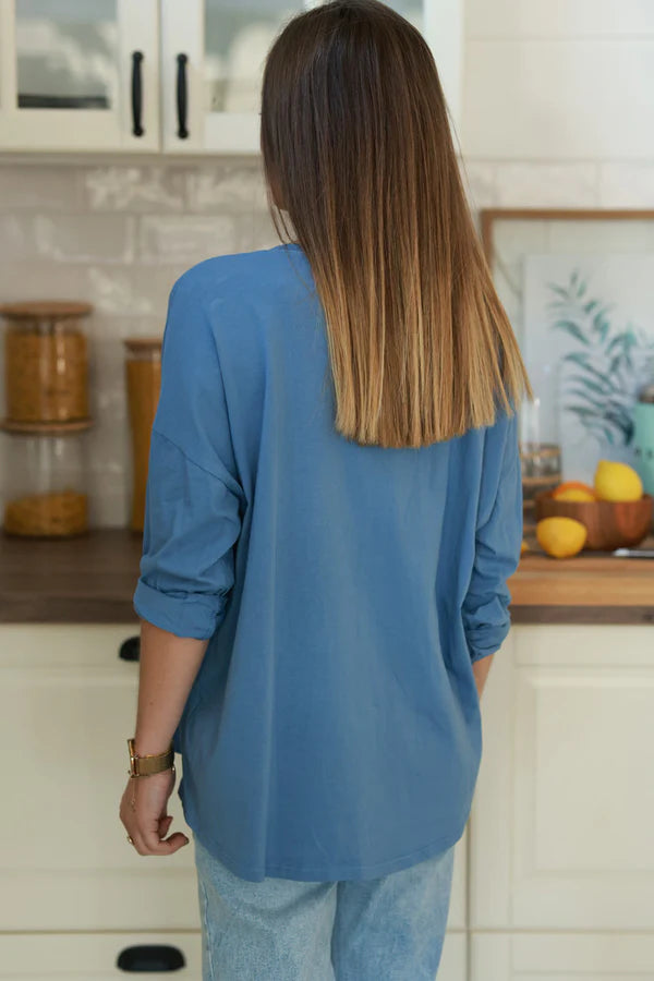 Blue “Amour” Long-Sleeve V-Neck Tee