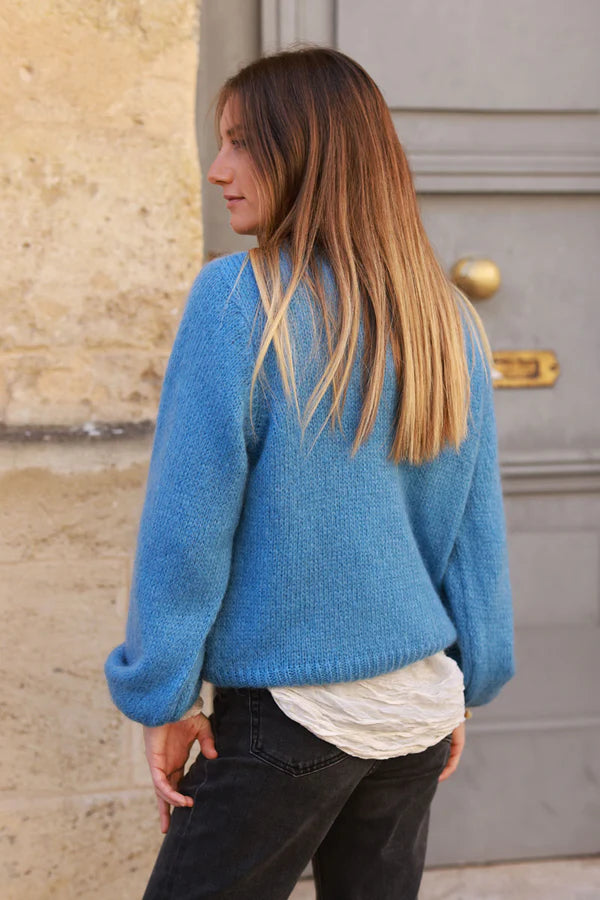 Blue Jean Knitted Mohair Blend Sweater Round Neck