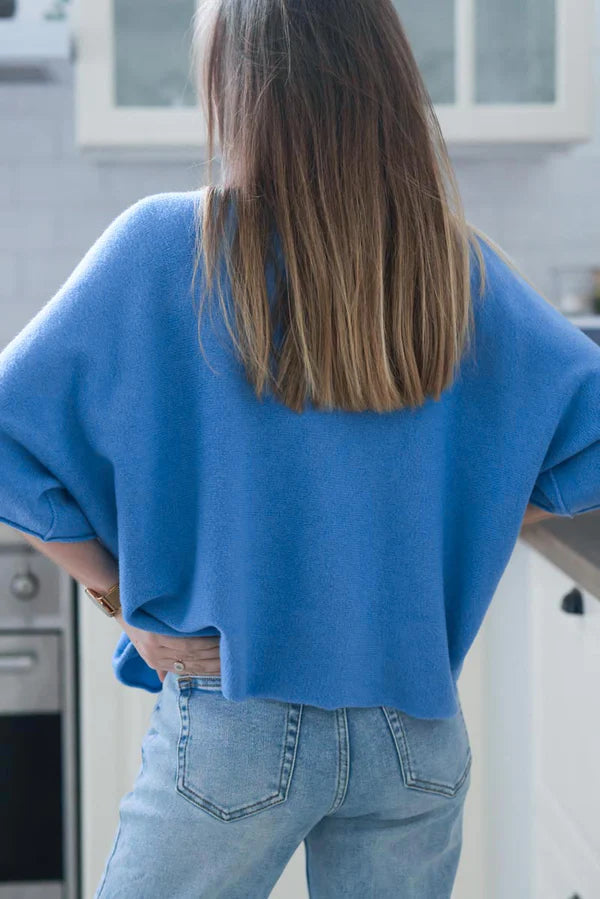 Blue Knit Batwing Blouse