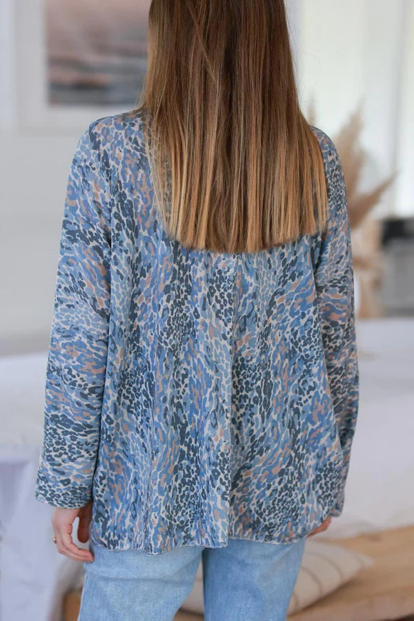 Blue Leopard Print Long Sleeve Top