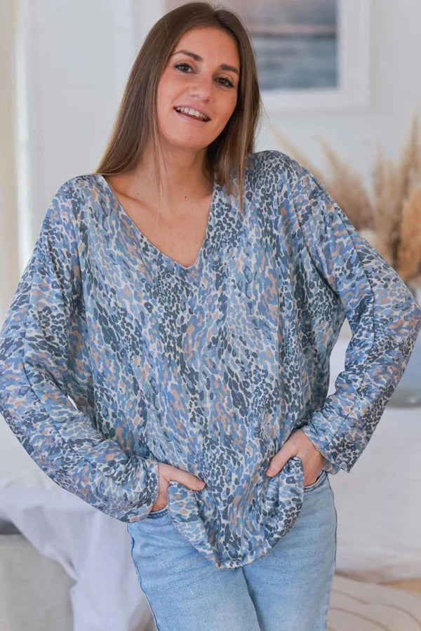 Blue Leopard Print Long Sleeve Top