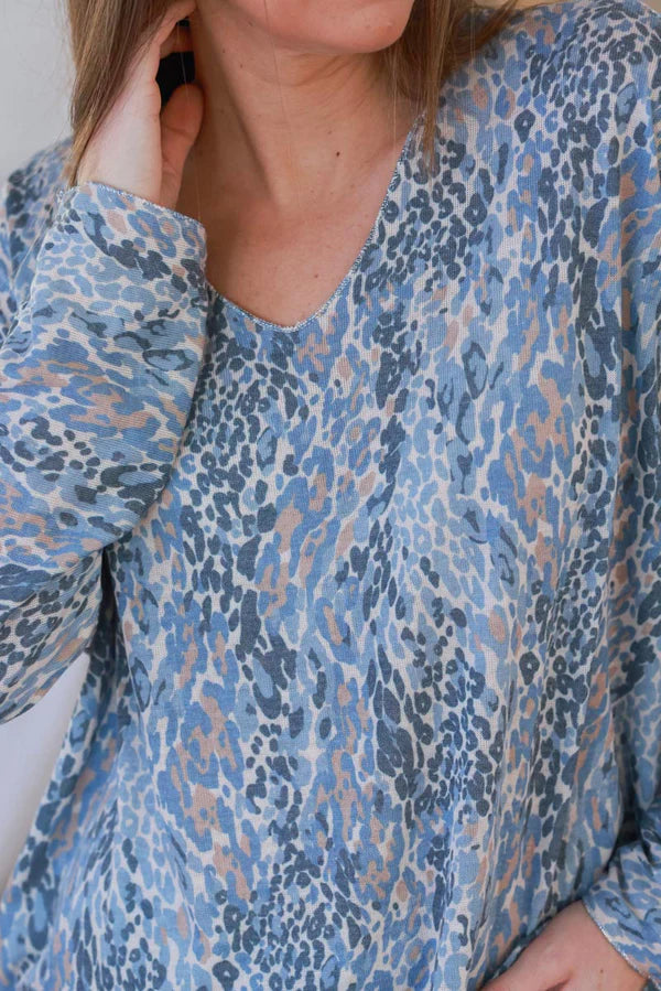 Blue Leopard Print Long Sleeve Top