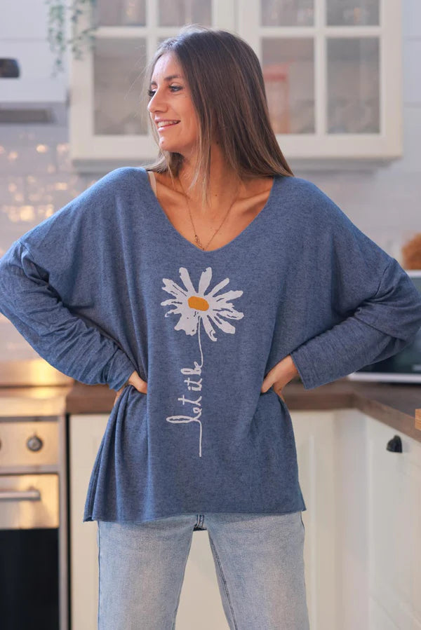 Blue “Let it Be” Daisy Long-Sleeve Knit Top