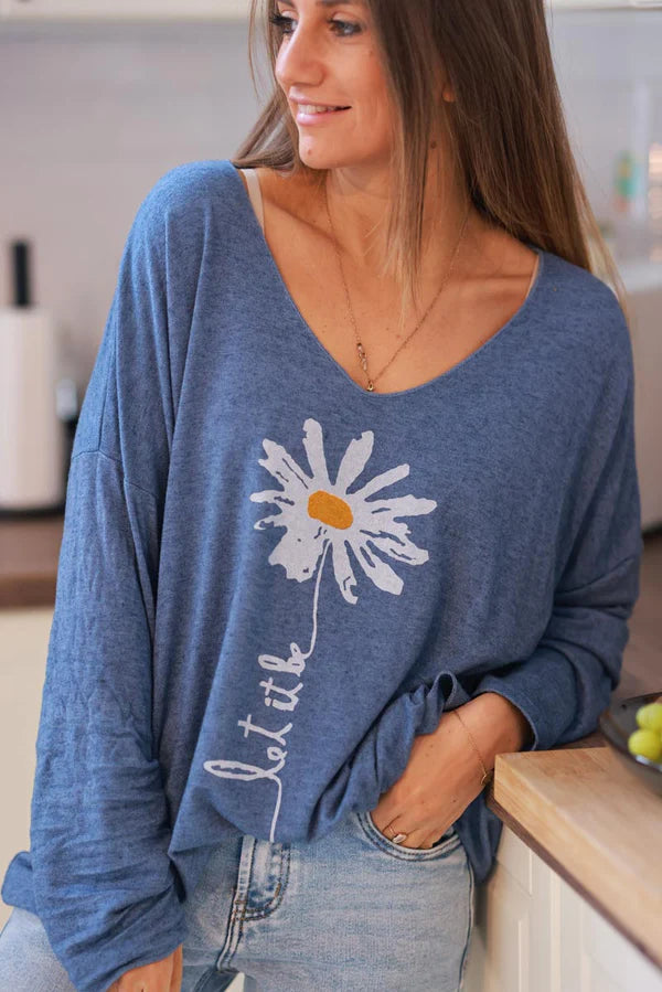 Blue “Let it Be” Daisy Long-Sleeve Knit Top