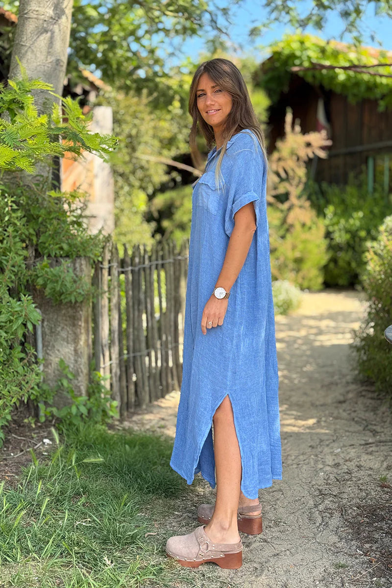 Blue Linen Beach Maxi Dress
