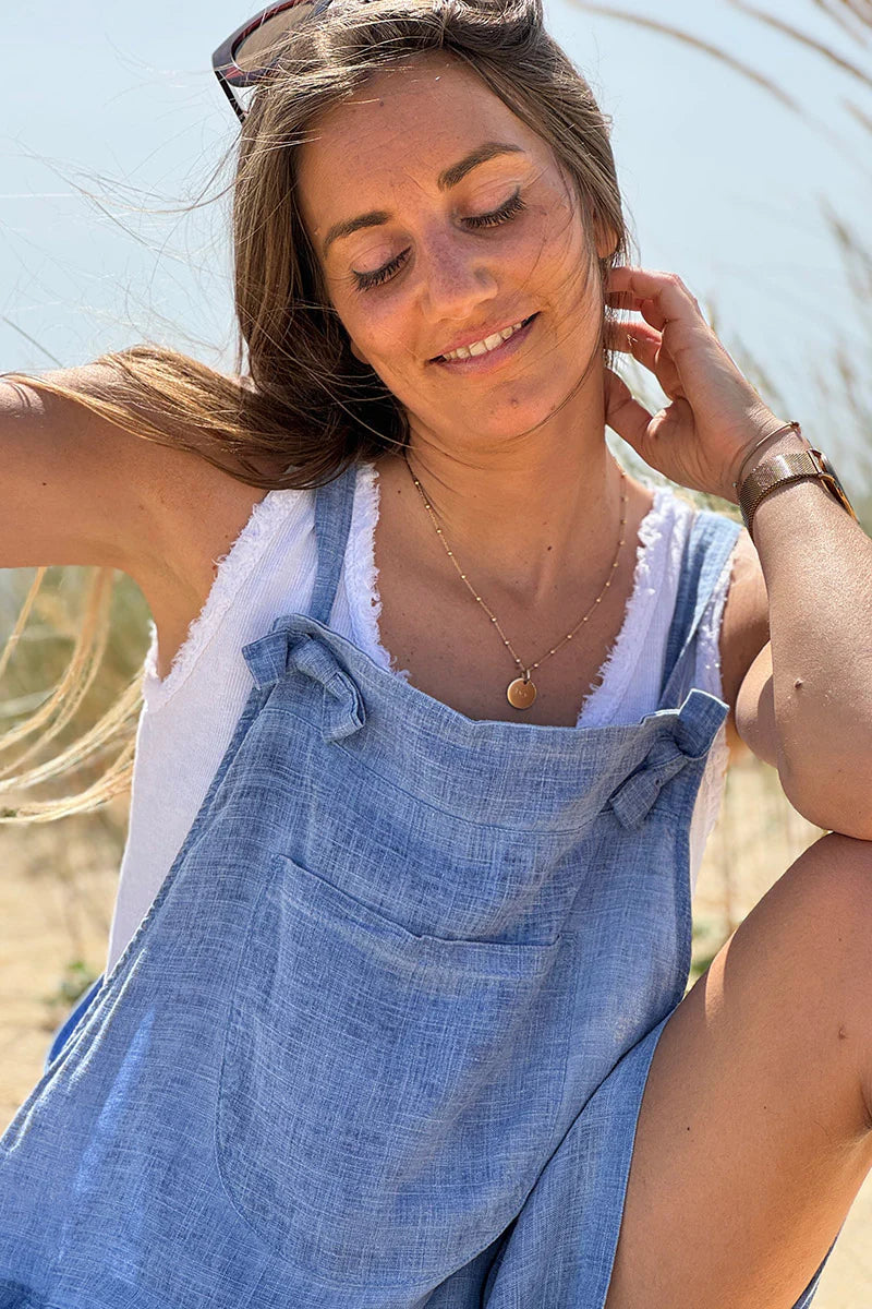 Blue Linen Romper Overalls