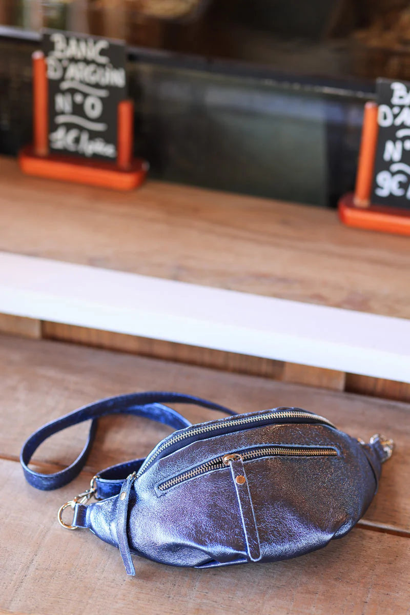 Blue metallic leather double zip bum bag