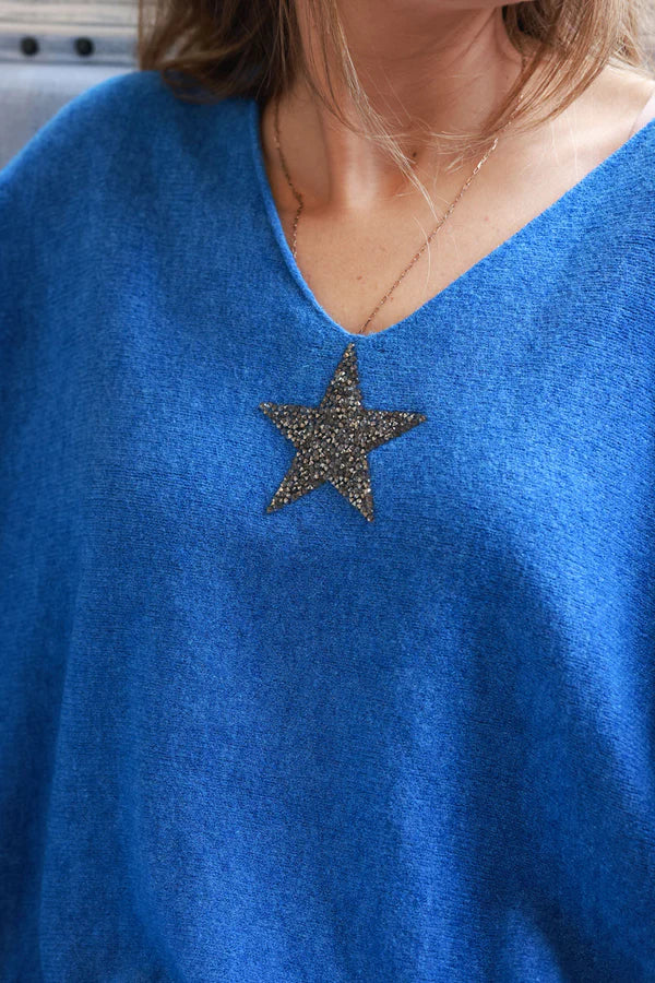 Blue oversized super soft sweater with silver rhinestone star