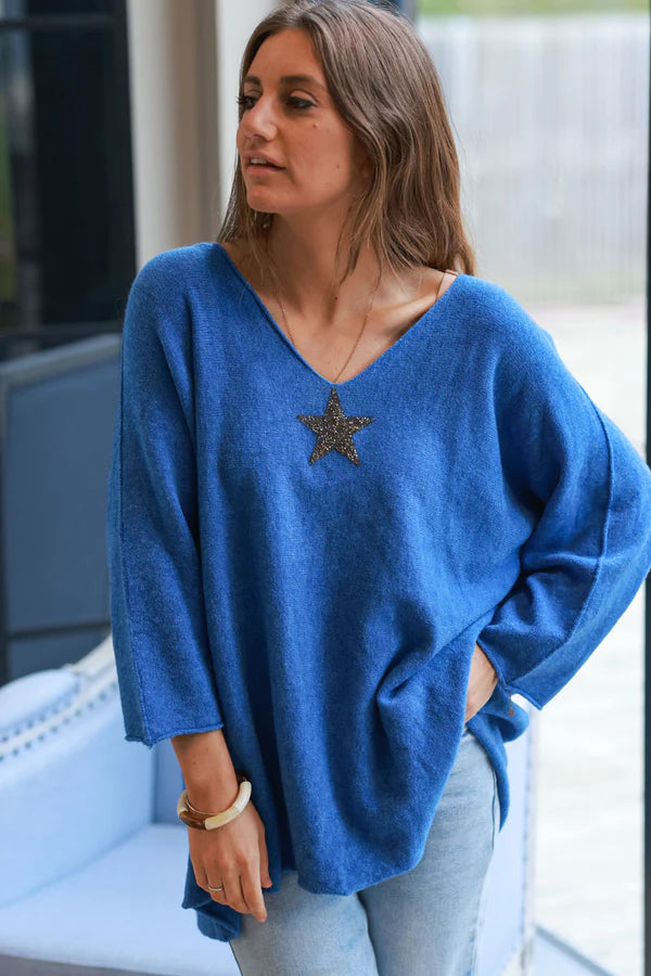 Blue oversized super soft sweater with silver rhinestone star