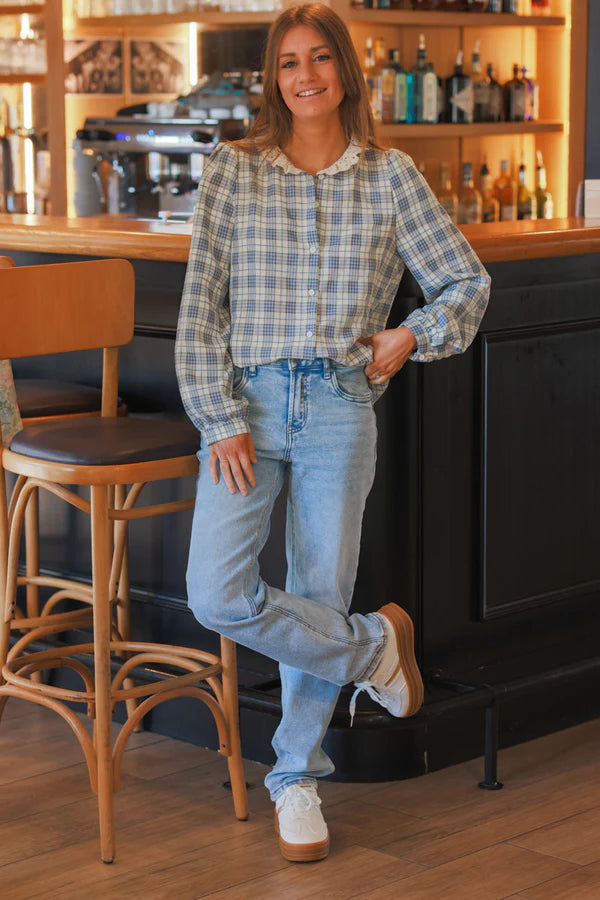 Blue Plaid and Lace Button-Down Blouse