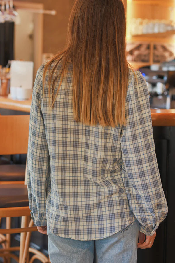 Blue Plaid and Lace Button-Down Blouse