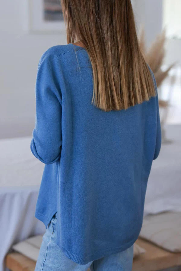 Blue Soft Basic V-neck Sweater