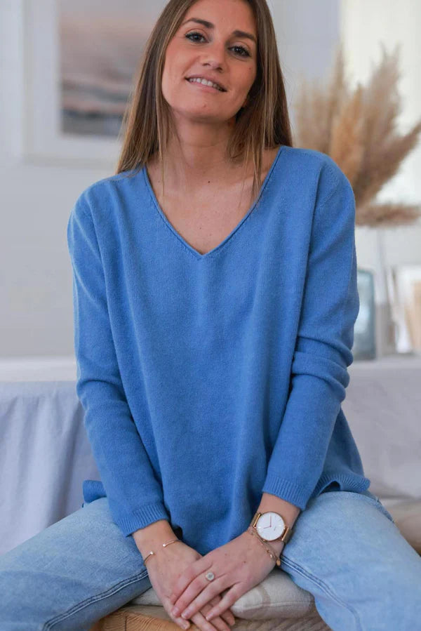 Blue Soft Basic V-neck Sweater