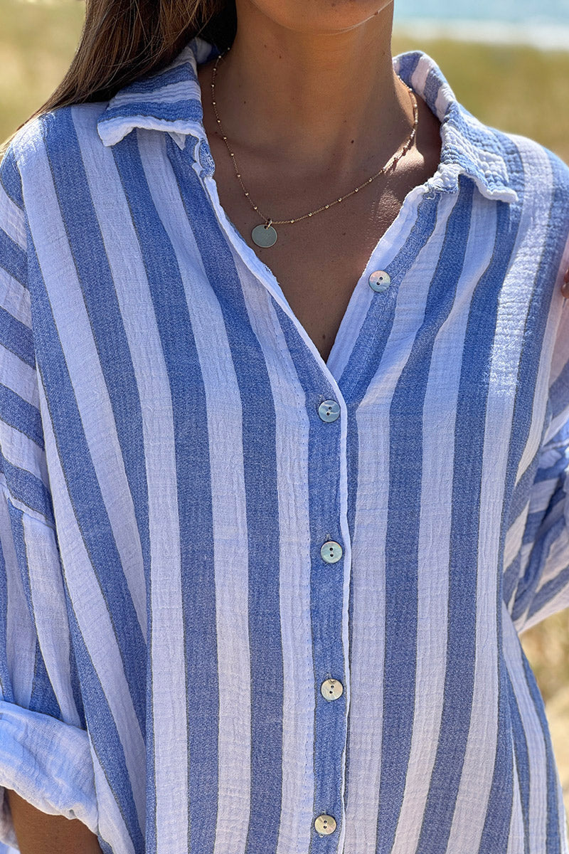 Blue Stripe Gauze Shirt Dress