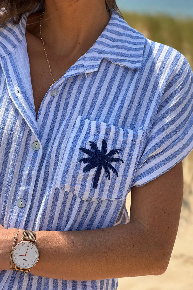 Blue Striped Palm Pocket Cabana Shirt Dress