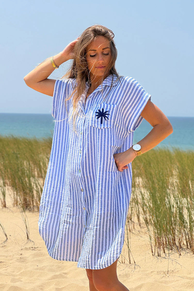 Blue Striped Palm Pocket Cabana Shirt Dress