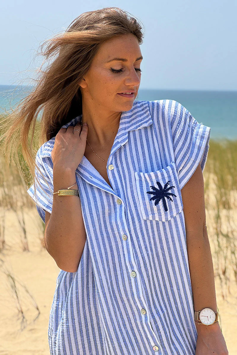 Blue Striped Palm Pocket Cabana Shirt Dress