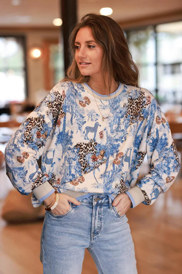 Blue Sweatshirt with Jungle Print