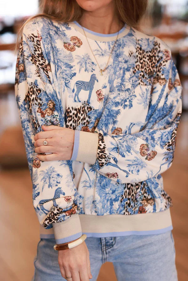 Blue Sweatshirt with Jungle Print