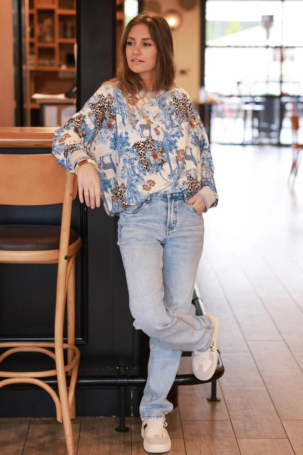 Blue Sweatshirt with Jungle Print