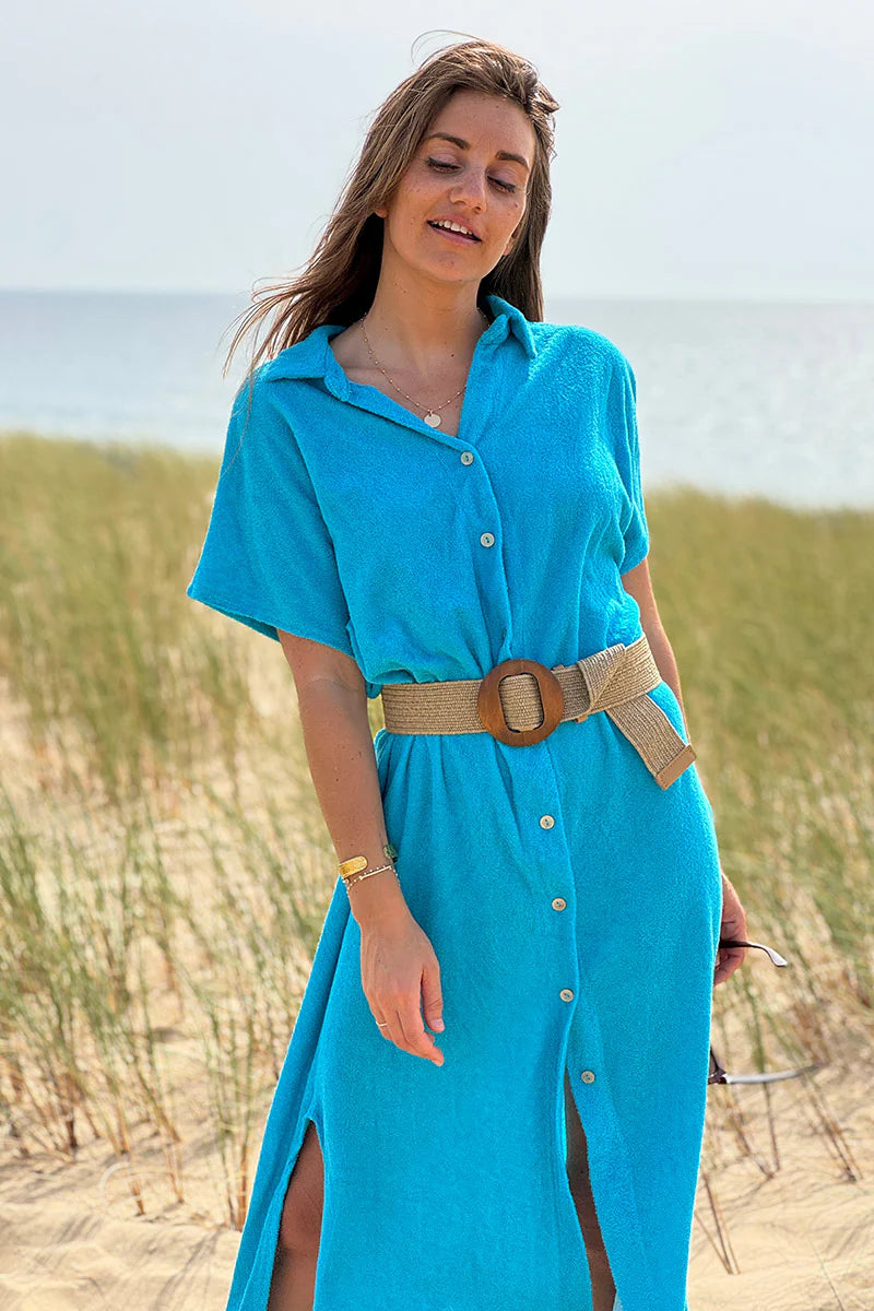 Blue Terry Cloth Button-Down Shirt Dress