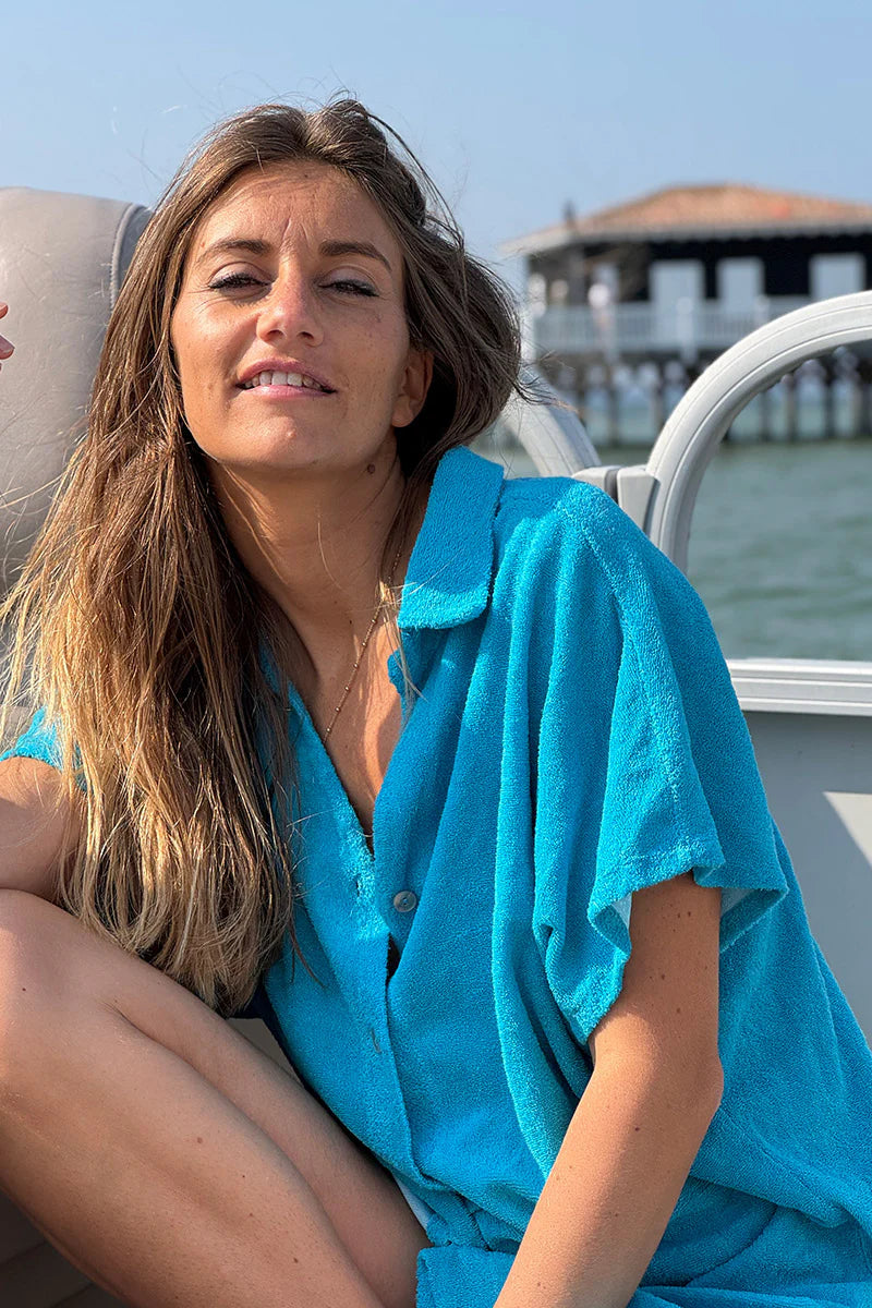 Blue Terry Cloth Shirt Dress
