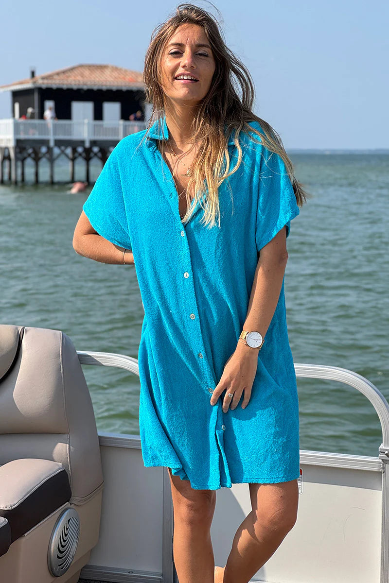 Blue Terry Cloth Shirt Dress