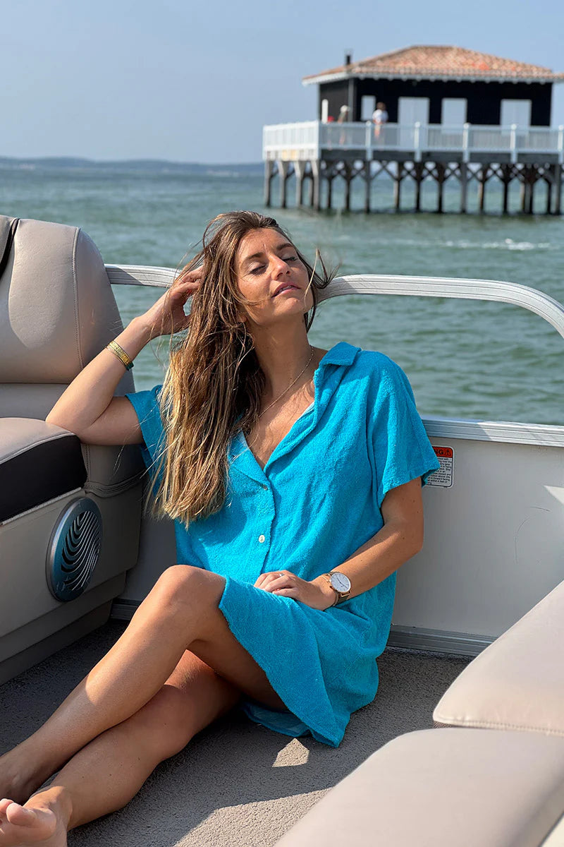 Blue Terry Cloth Shirt Dress