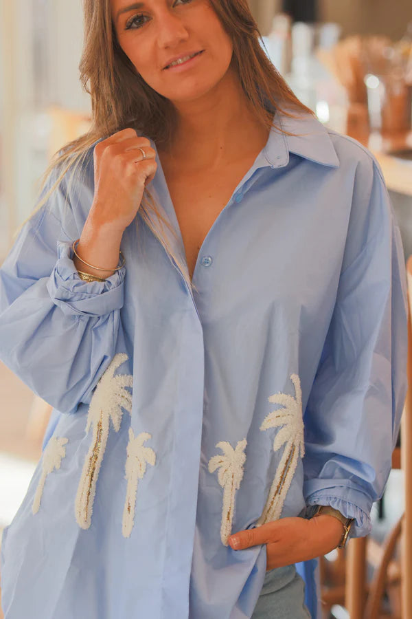 Blue Textured Palm Button Down Shirt