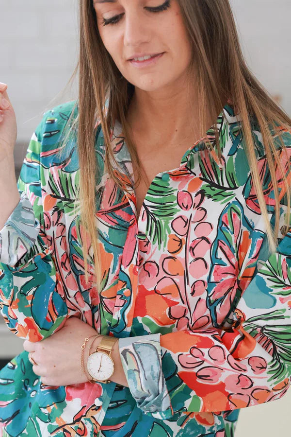 Blue Tropical Foliage Cotton Poplin Button-Down Shirt