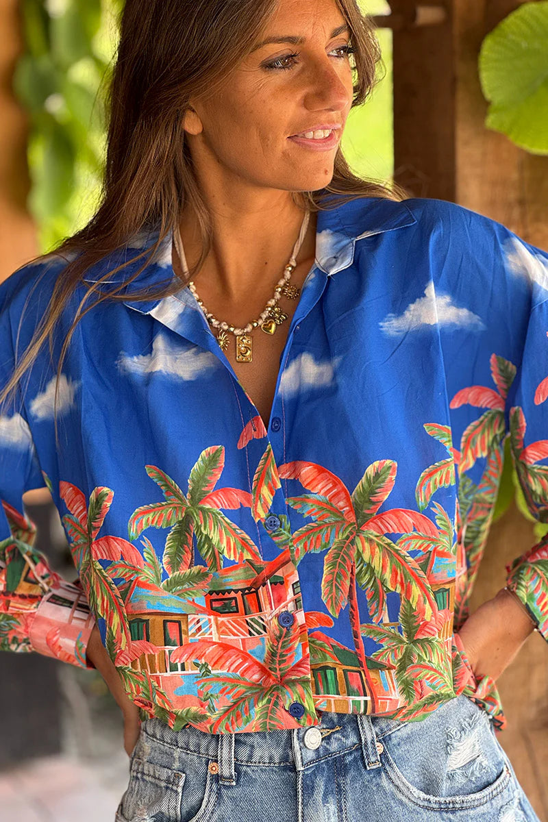 Blue Tropical Getaway Button-Down Blouse