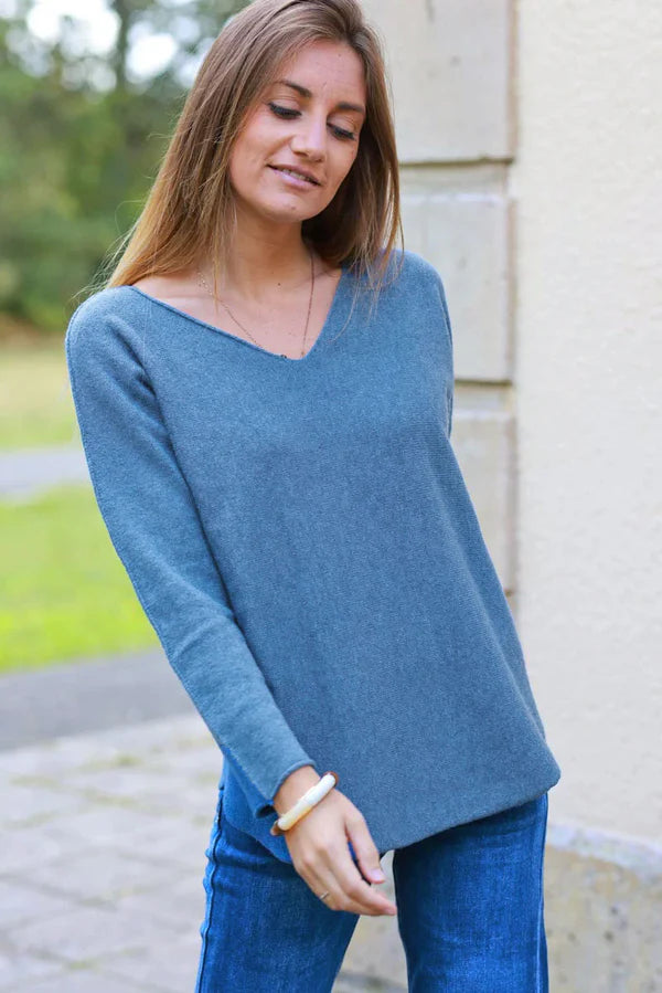 Dusty Blue ultra-soft Viscose Blend V-Neck Sweater