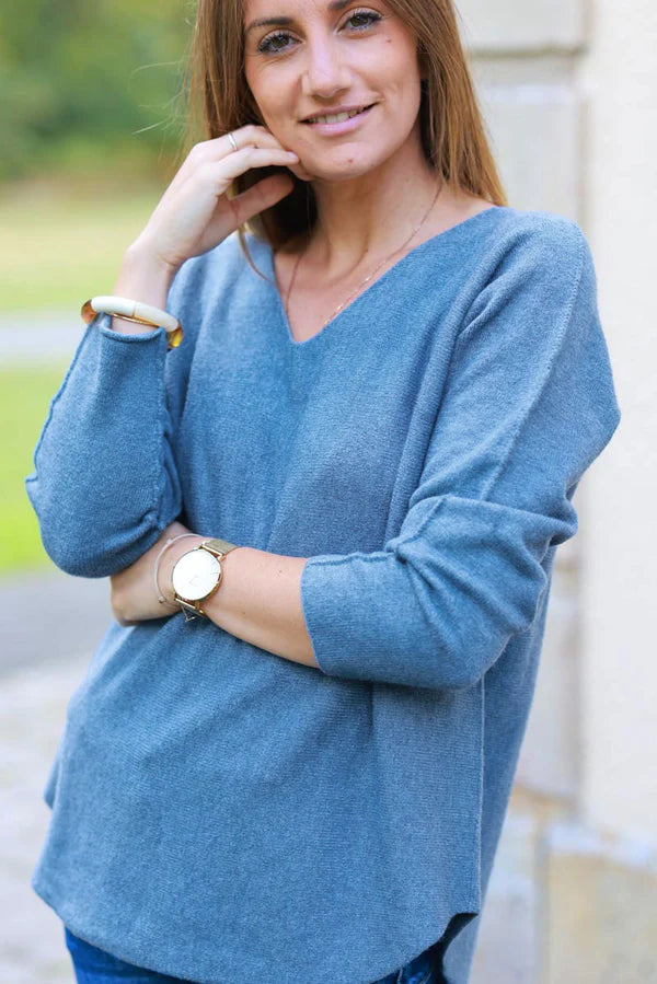 Dusty Blue ultra-soft Viscose Blend V-Neck Sweater