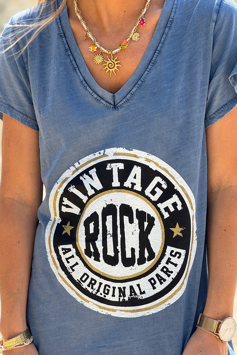 Blue Vintage Rock V-Neck T-Shirt Dress