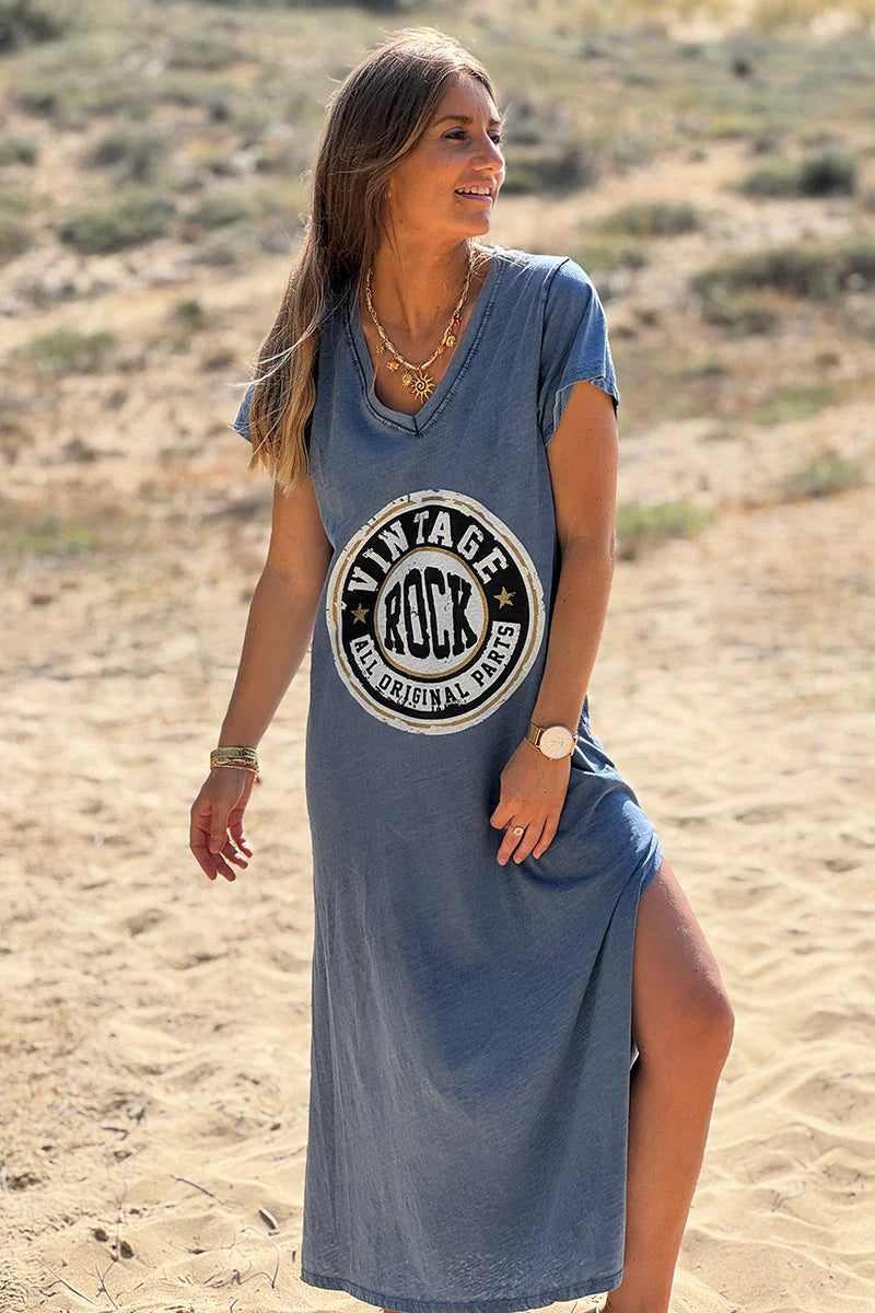 Blue Vintage Rock V-Neck T-Shirt Dress