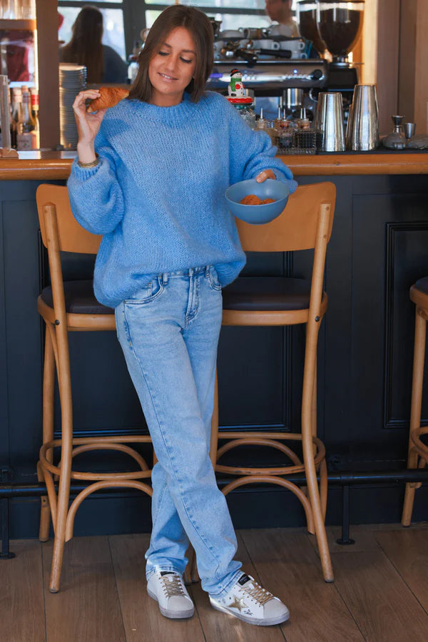 Blue Wool Blend Bubble Sleeve Sweater