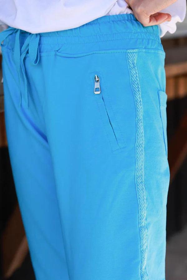Blue Zip-Pocket Chevron Trim Casual Cotton Joggers