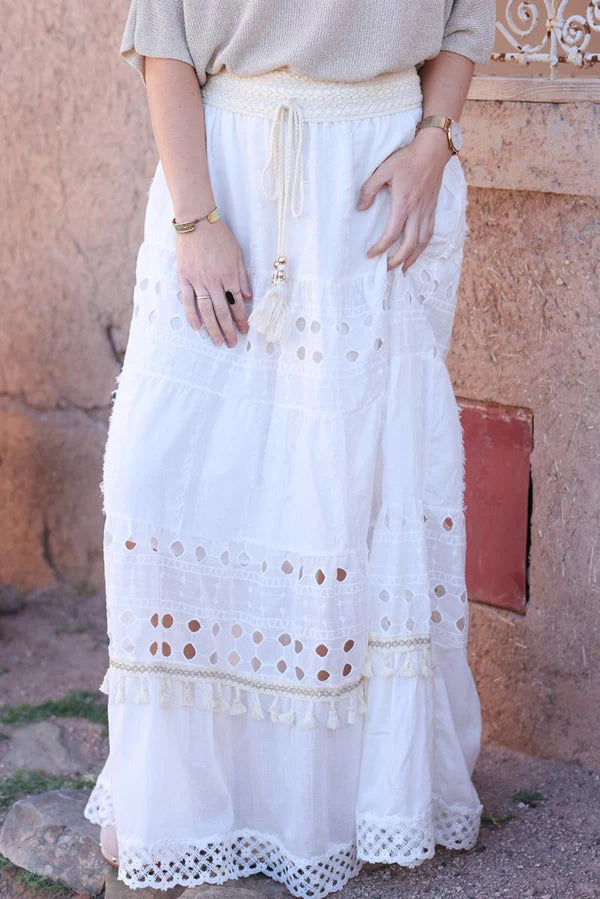 Bohemian off-white maxi skirt with broderie anglaise and tassels