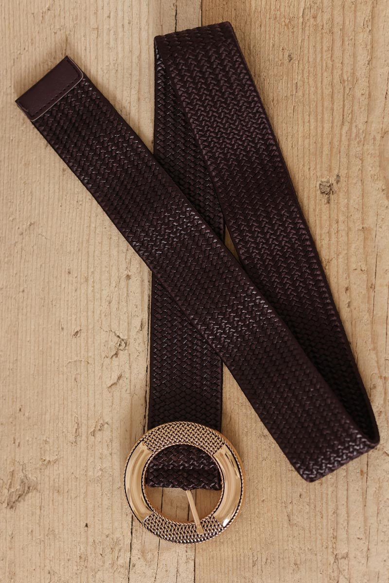 Brown elastic belt with gold buckle