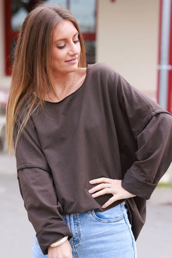 Brown Exposed Seam Long-Sleeve Tee