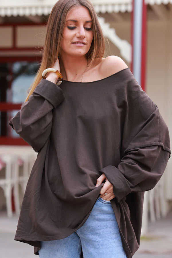 Brown Exposed Seam Long-Sleeve Tee