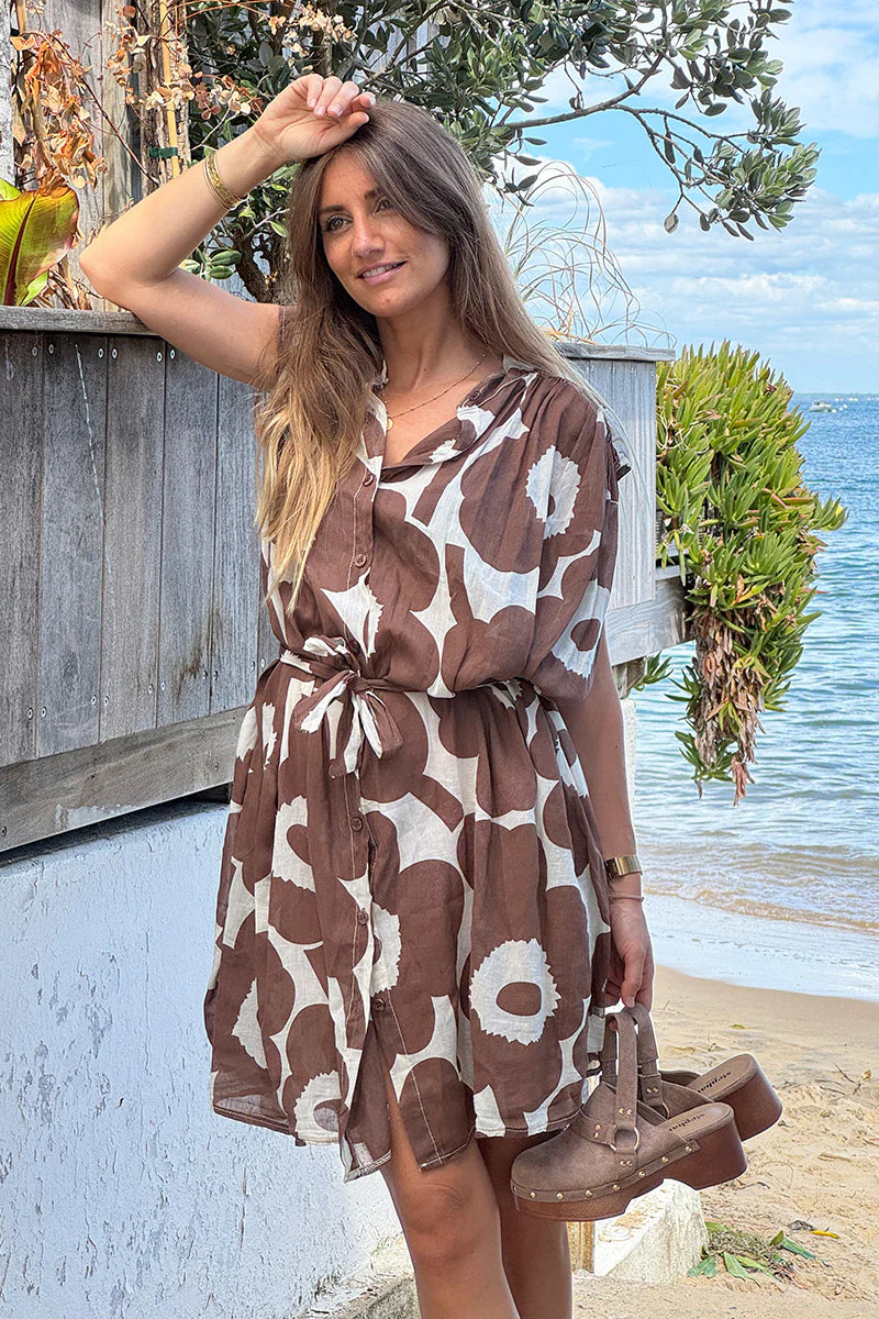 Brown Floral Sleeveless Belted Cream Dress