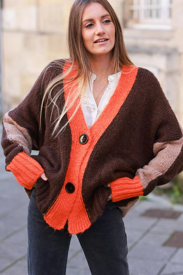 Brown Sweater Knit Cardigan with Orange Trim